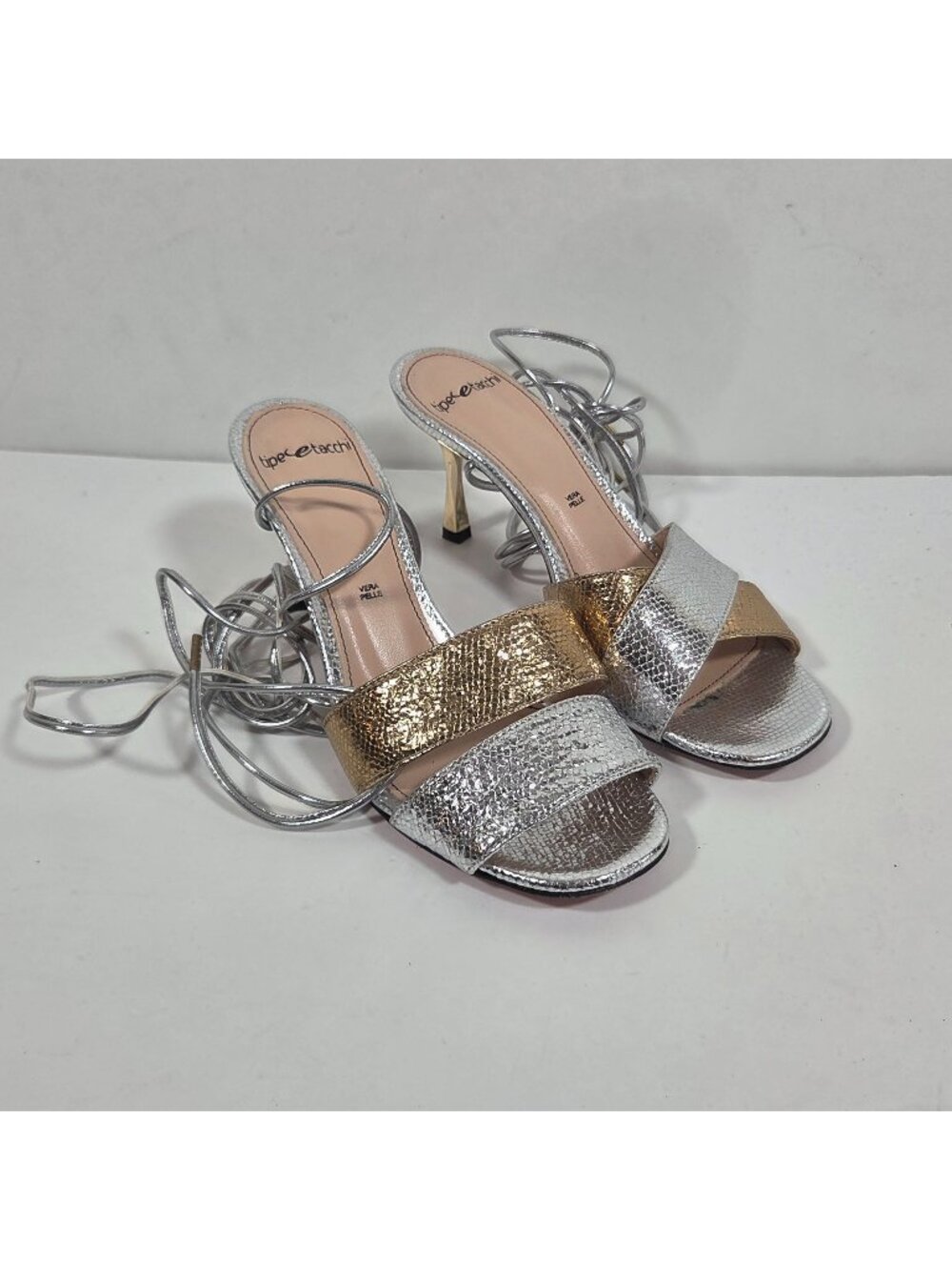 Tipe e Tacchi Metallic Strappy Lace Up Heels Silver Gold Women’s Size 7